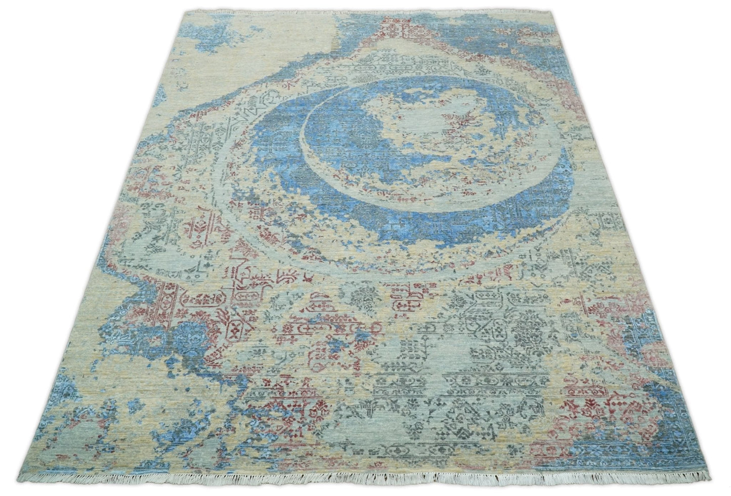 8x10 Fine Hand Knotted Beige and Blue Modern Abstract Style Wool and Silk Area Rug