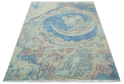 8x10 Fine Hand Knotted Beige and Blue Modern Abstract Style Wool and Silk Area Rug