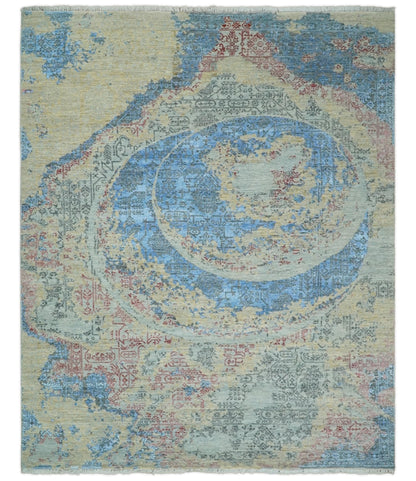 8x10 Fine Hand Knotted Beige and Blue Modern Abstract Style Wool and Silk Area Rug