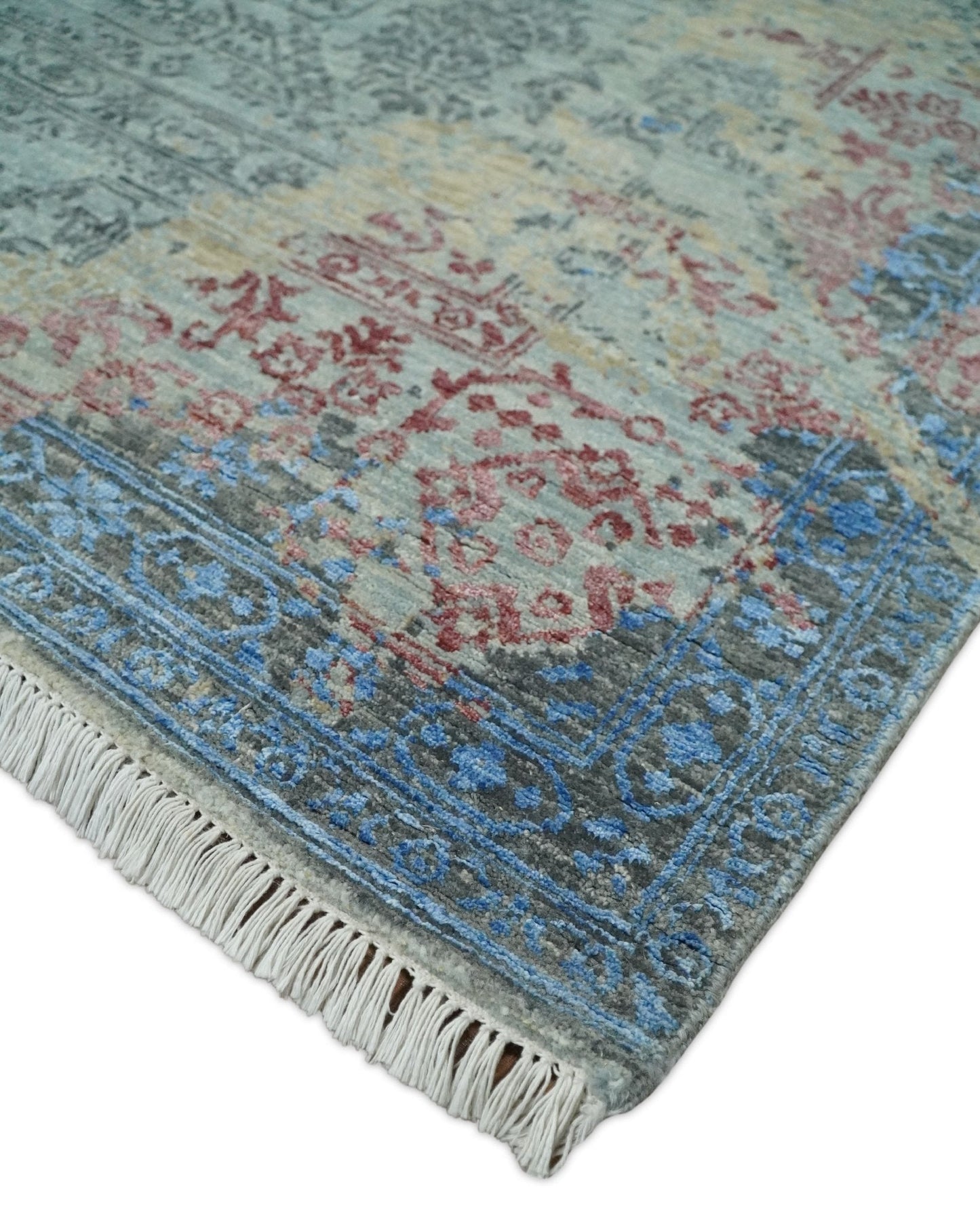 8x10 Fine Hand Knotted Beige and Blue Modern Abstract Style Wool and Silk Area Rug