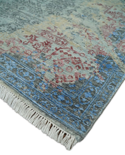 8x10 Fine Hand Knotted Beige and Blue Modern Abstract Style Wool and Silk Area Rug