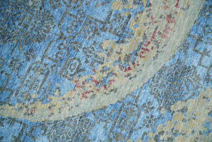 8x10 Fine Hand Knotted Beige and Blue Modern Abstract Style Wool and Silk Area Rug
