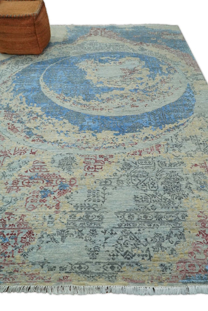 8x10 Fine Hand Knotted Beige and Blue Modern Abstract Style Wool and Silk Area Rug