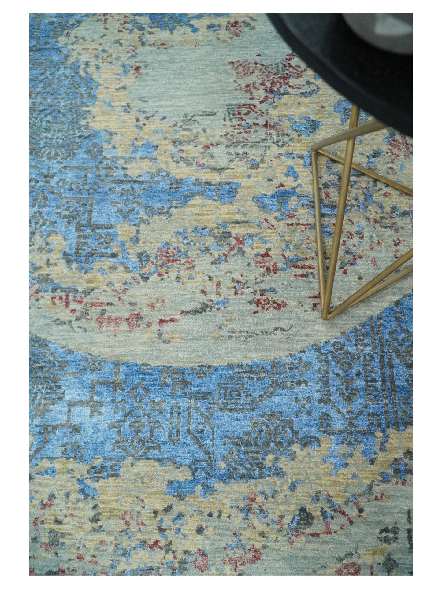 8x10 Fine Hand Knotted Beige and Blue Modern Abstract Style Wool and Silk Area Rug