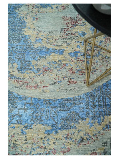 8x10 Fine Hand Knotted Beige and Blue Modern Abstract Style Wool and Silk Area Rug