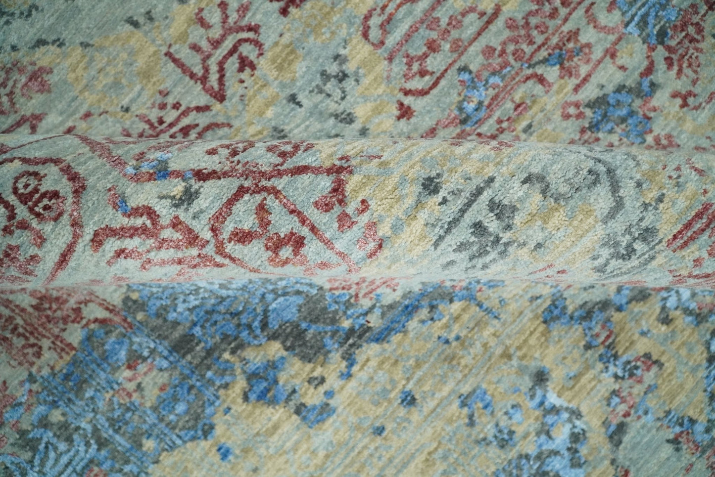 8x10 Fine Hand Knotted Beige and Blue Modern Abstract Style Wool and Silk Area Rug