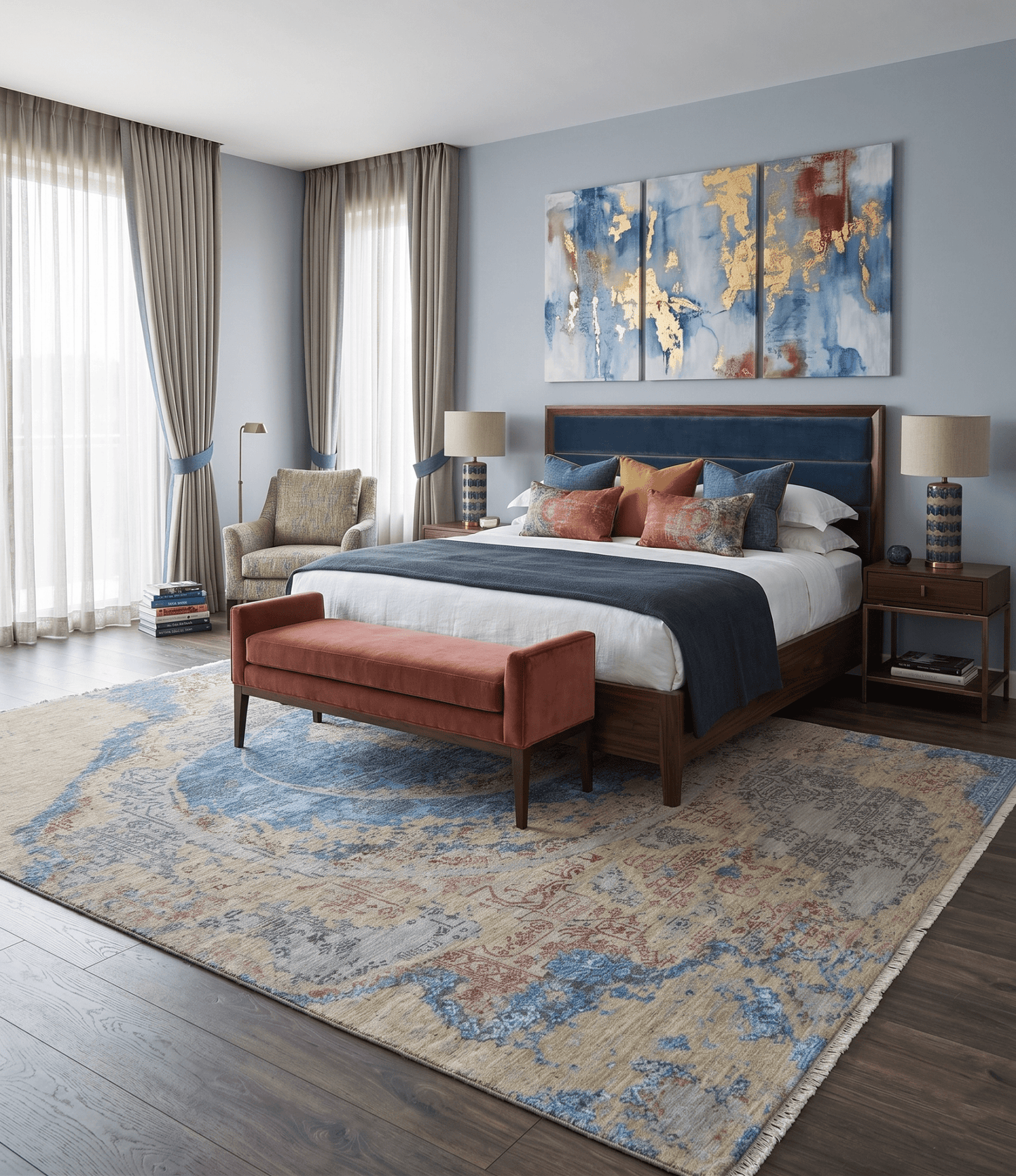 8x10 Fine Hand Knotted Beige and Blue Modern Abstract Style Wool and Silk Area Rug