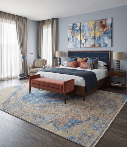 8x10 Fine Hand Knotted Beige and Blue Modern Abstract Style Wool and Silk Area Rug