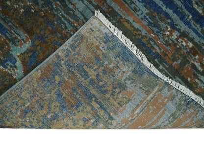 8x10 Fine Hand Knotted Blue and Brown Modern Abstract Wool Area Rug
