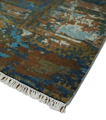 8x10 Fine Hand Knotted Blue and Brown Modern Abstract Wool Area Rug