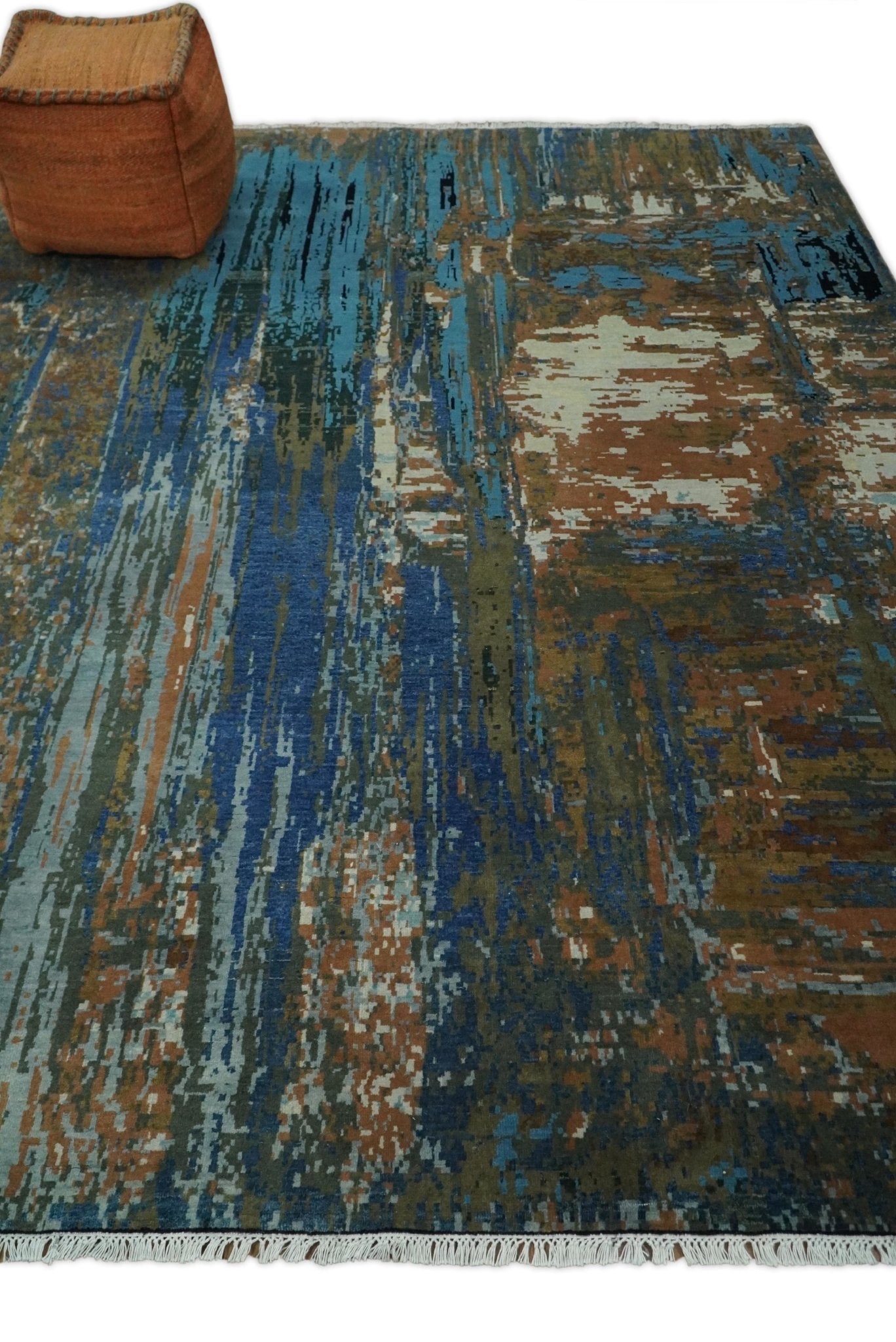 8x10 Fine Hand Knotted Blue and Brown Modern Abstract Wool Area Rug