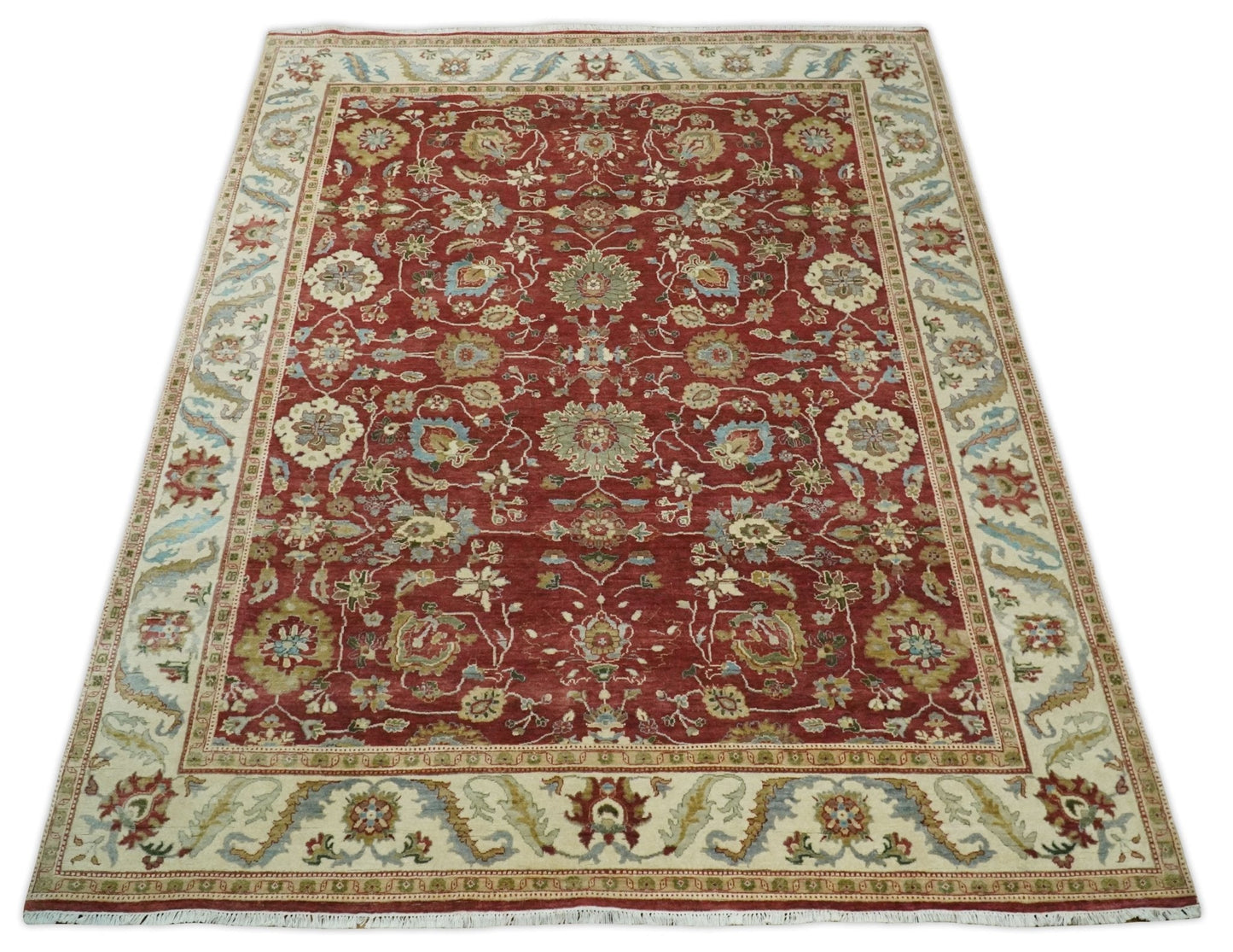 8x10 Fine Hand Knotted Rust and Ivory Traditional Persian Style Antique Wool Rug
