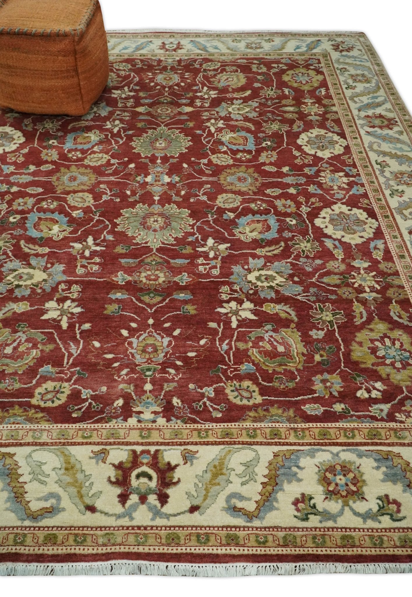 8x10 Fine Hand Knotted Rust and Ivory Traditional Persian Style Antique Wool Rug