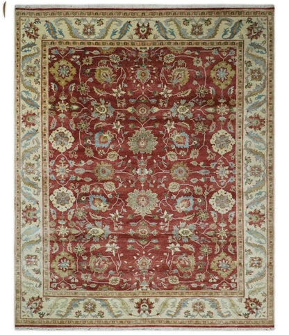 8x10 Fine Hand Knotted Rust and Ivory Traditional Persian Style Antique Wool Rug