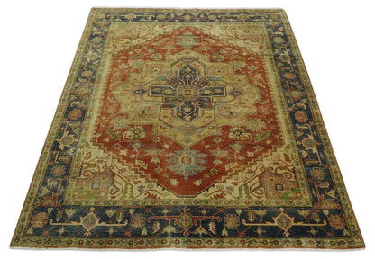 8x10 Gold, Rust and Charcoal Heriz Serapi Traditional Vintage Turkish Style Antique Look Hand Knotted Wool Area Rug | N361810