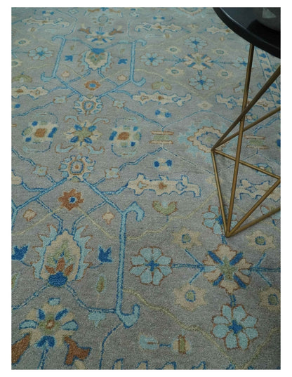 8x10 Hand Tufted Gray, Beige and Accent Blue Traditional Herati Design Wool Rug