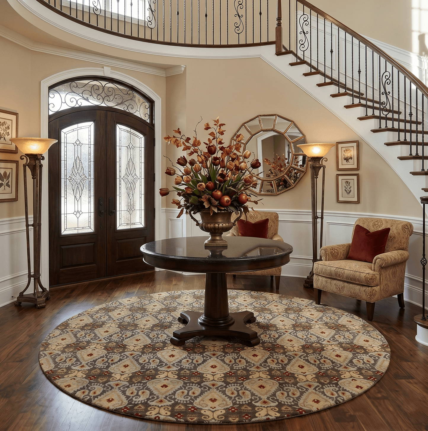 8x8 Round Fine Hand Knotted Brown and Beige Traditional Style Antique Wool Rug