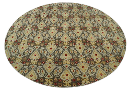 8x8 Round Fine Hand Knotted Brown and Beige Traditional Style Antique Wool Rug