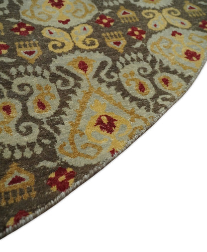 8x8 Round Fine Hand Knotted Brown and Beige Traditional Style Antique Wool Rug