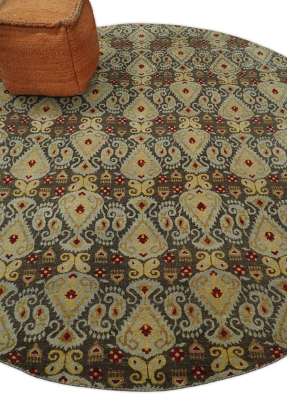 8x8 Round Fine Hand Knotted Brown and Beige Traditional Style Antique Wool Rug