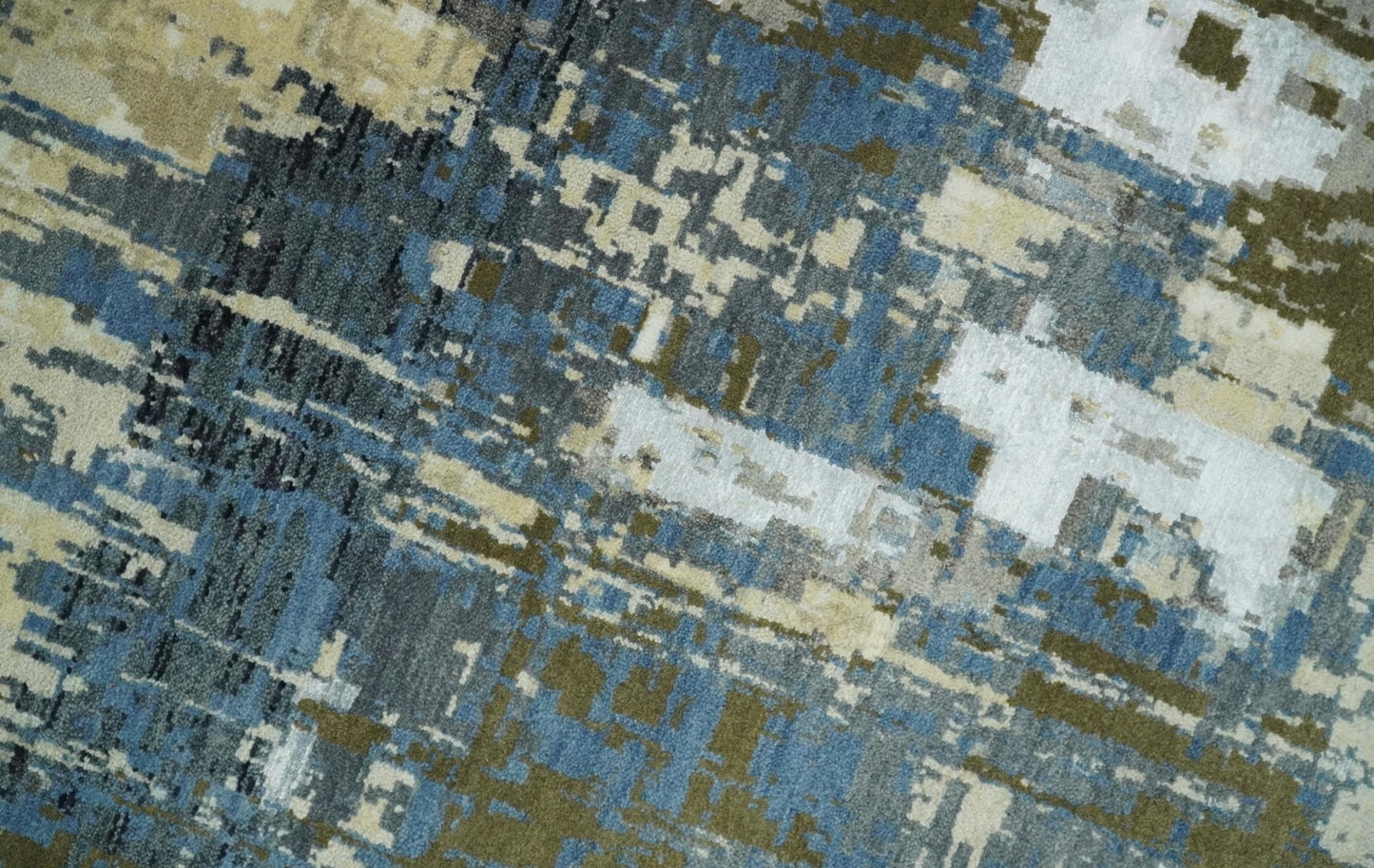 9x12 Fine Hand Knotted Beige and Blue Modern Abstract Wool and Silk Area Rug