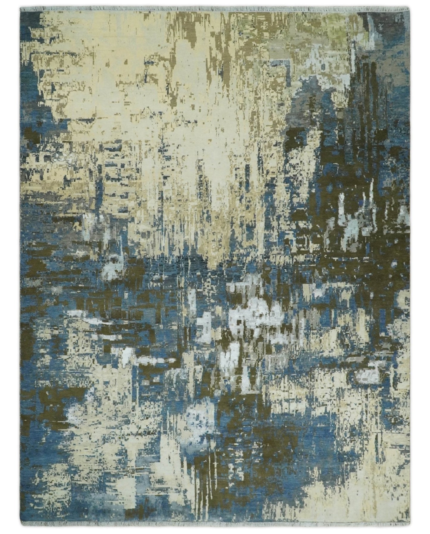 9x12 Fine Hand Knotted Beige and Blue Modern Abstract Wool and Silk Area Rug