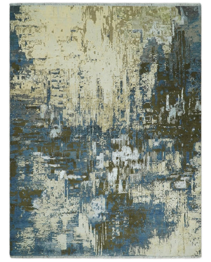 9x12 Fine Hand Knotted Beige and Blue Modern Abstract Wool and Silk Area Rug
