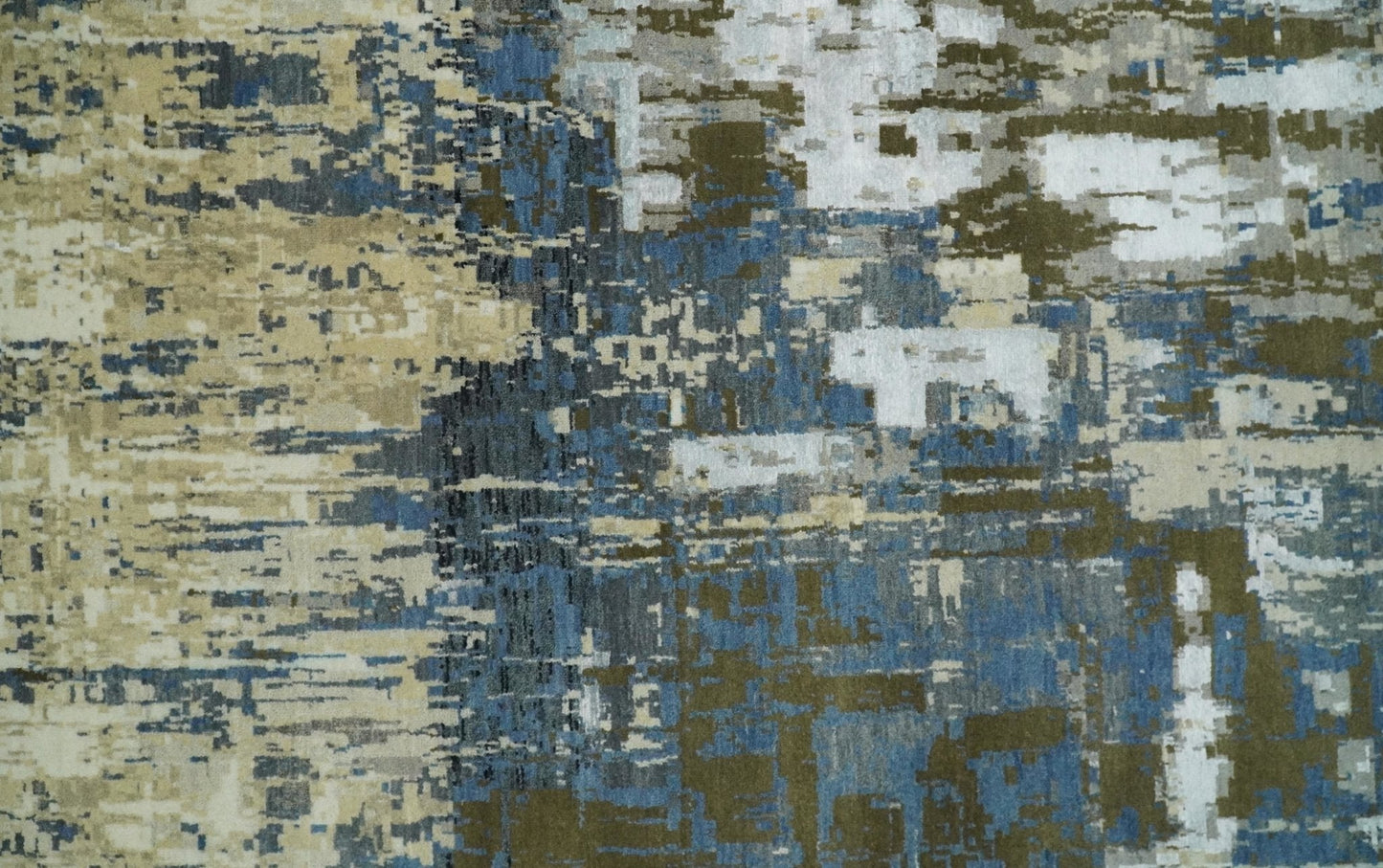 9x12 Fine Hand Knotted Beige and Blue Modern Abstract Wool and Silk Area Rug