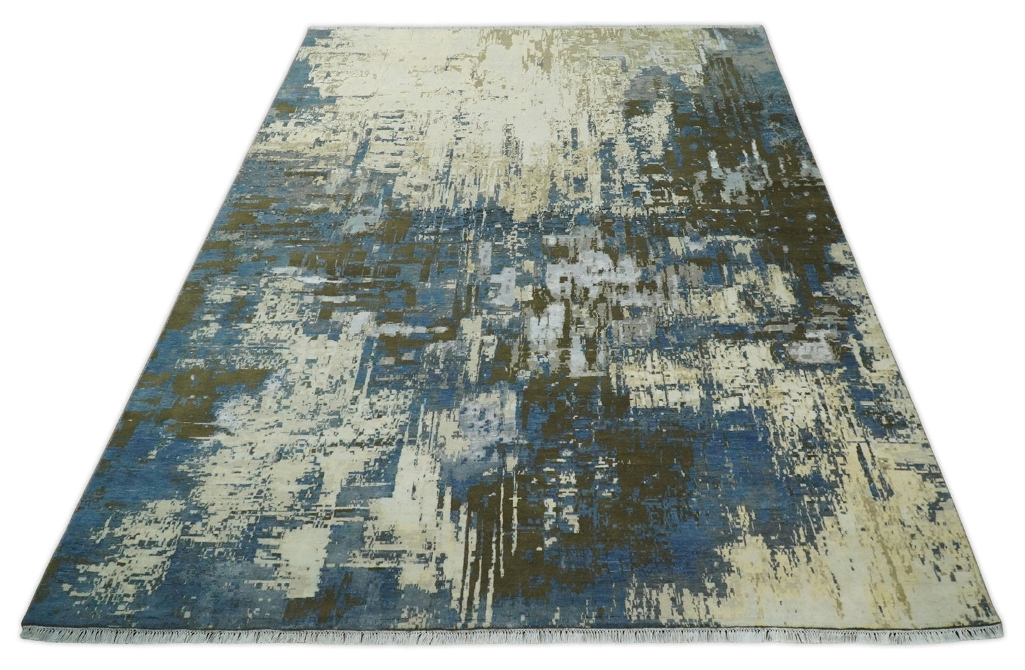 9x12 Fine Hand Knotted Beige and Blue Modern Abstract Wool and Silk Area Rug