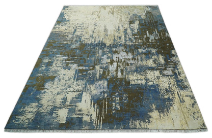 9x12 Fine Hand Knotted Beige and Blue Modern Abstract Wool and Silk Area Rug