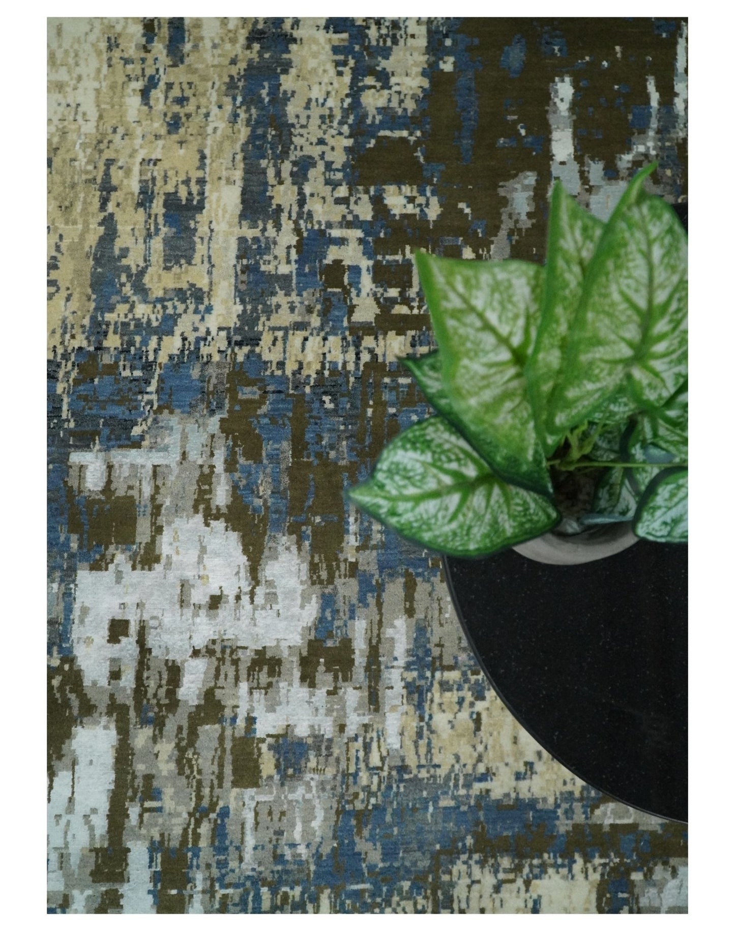 9x12 Fine Hand Knotted Beige and Blue Modern Abstract Wool and Silk Area Rug