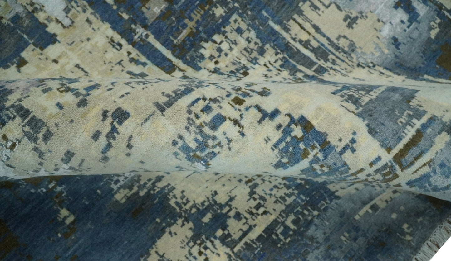9x12 Fine Hand Knotted Beige and Blue Modern Abstract Wool and Silk Area Rug