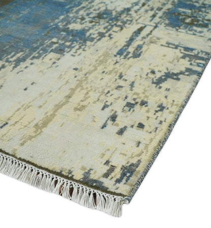 9x12 Fine Hand Knotted Beige and Blue Modern Abstract Wool and Silk Area Rug