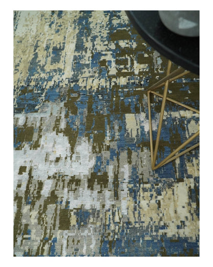 9x12 Fine Hand Knotted Beige and Blue Modern Abstract Wool and Silk Area Rug