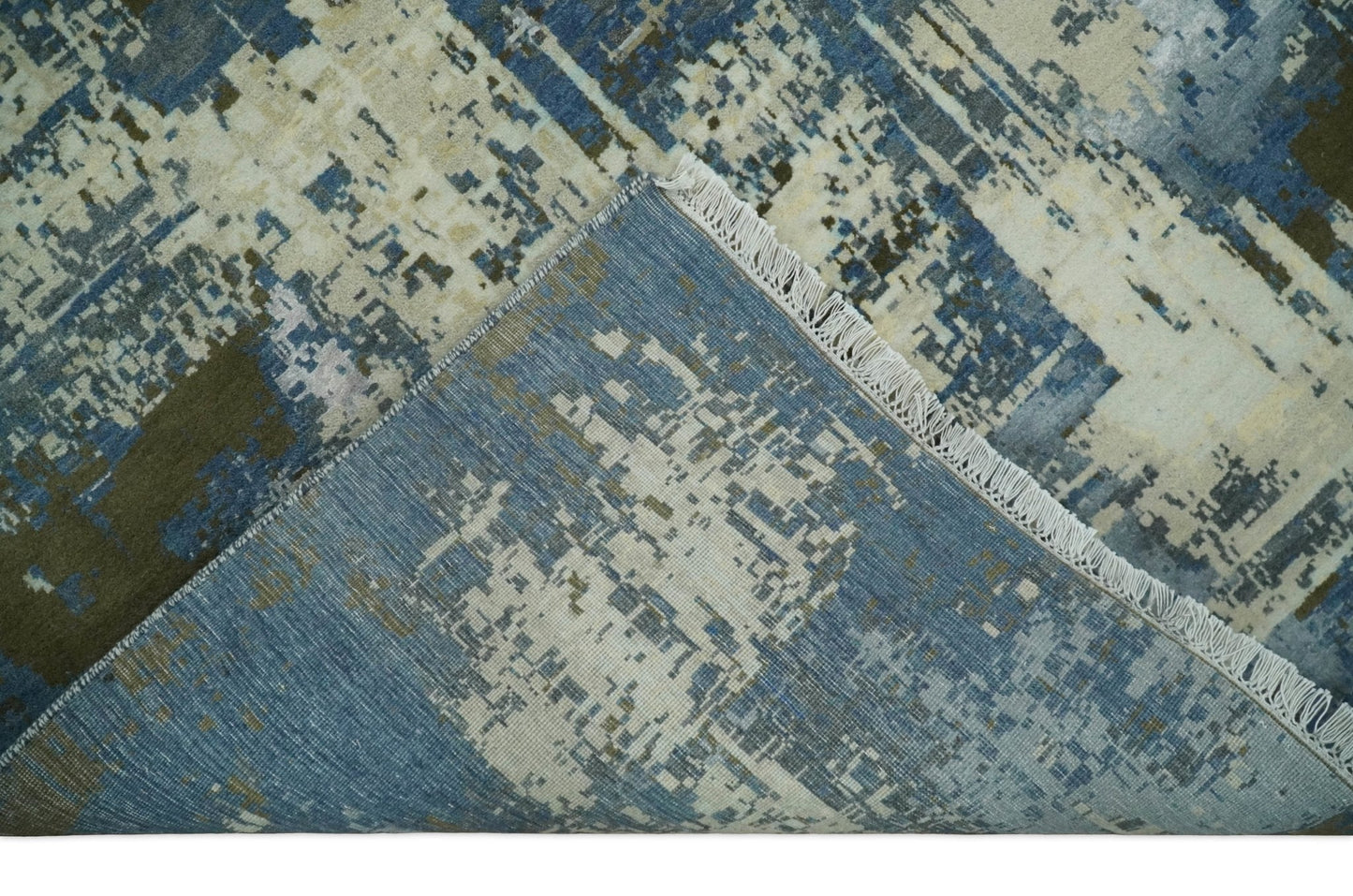 9x12 Fine Hand Knotted Beige and Blue Modern Abstract Wool and Silk Area Rug