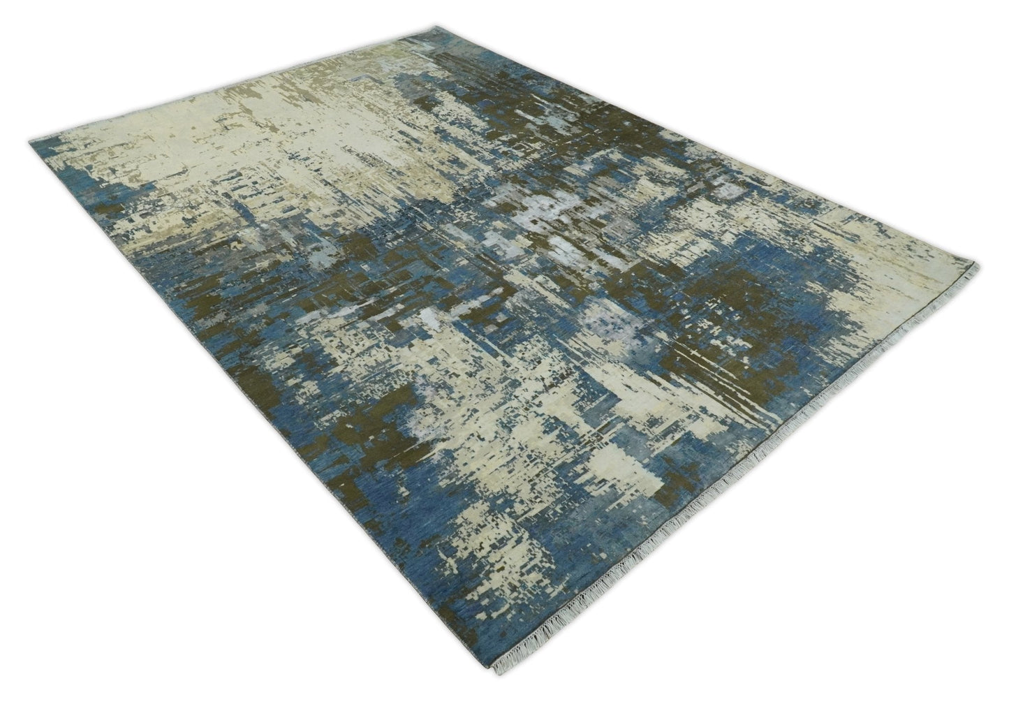 9x12 Fine Hand Knotted Beige and Blue Modern Abstract Wool and Silk Area Rug