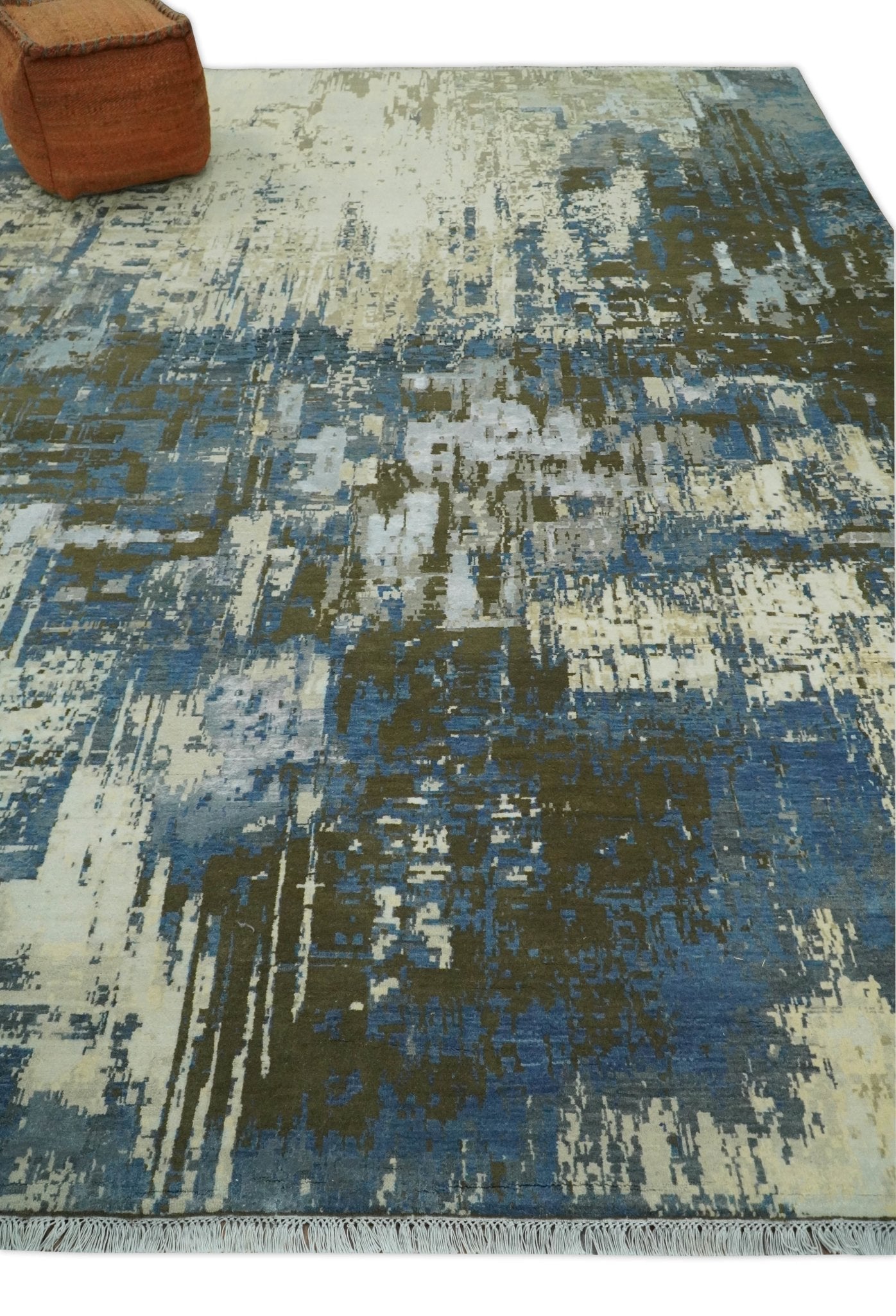 9x12 Fine Hand Knotted Beige and Blue Modern Abstract Wool and Silk Area Rug