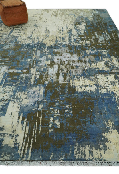 9x12 Fine Hand Knotted Beige and Blue Modern Abstract Wool and Silk Area Rug