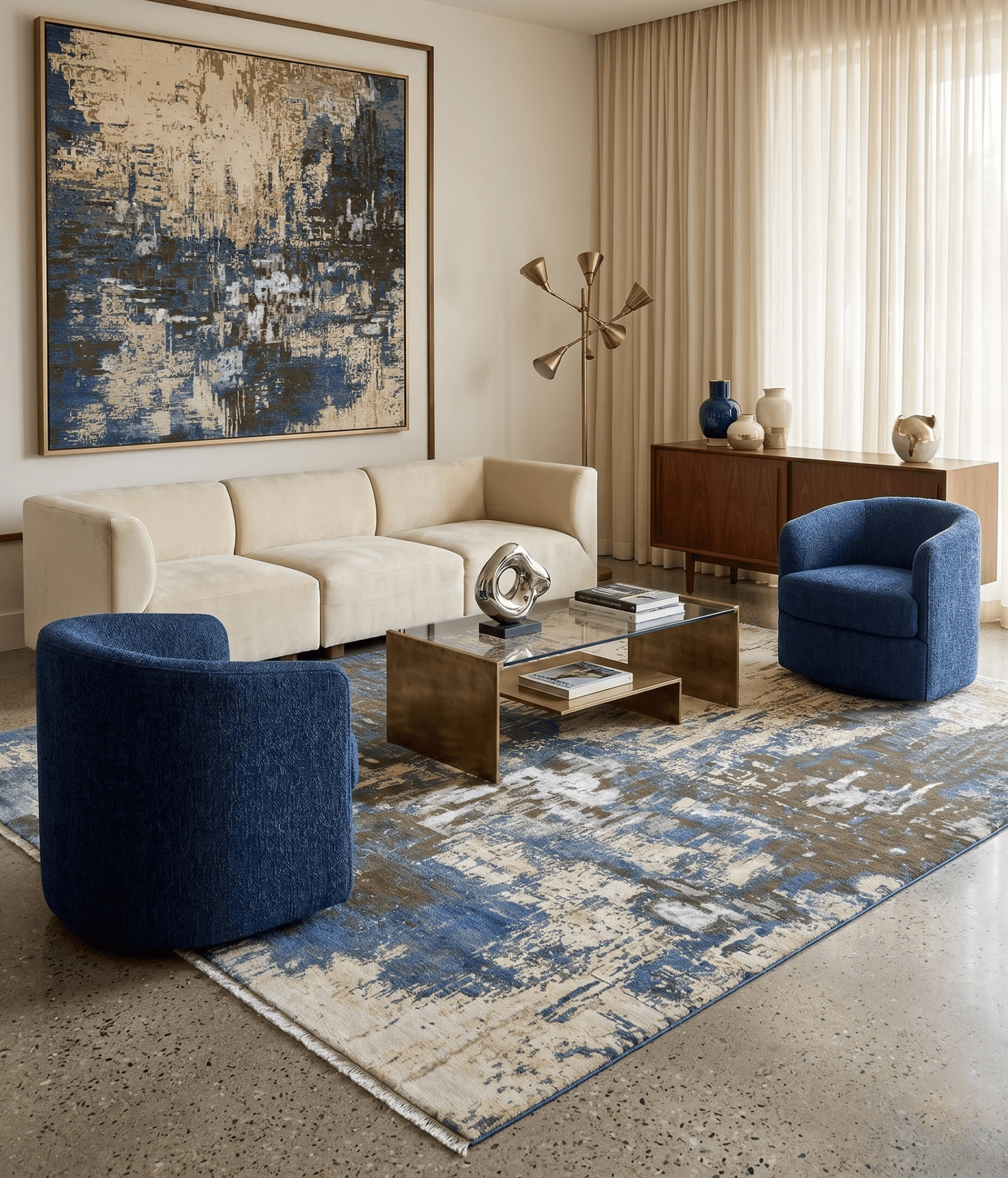 9x12 Fine Hand Knotted Beige and Blue Modern Abstract Wool and Silk Area Rug
