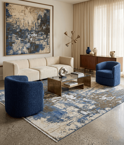 9x12 Fine Hand Knotted Beige and Blue Modern Abstract Wool and Silk Area Rug