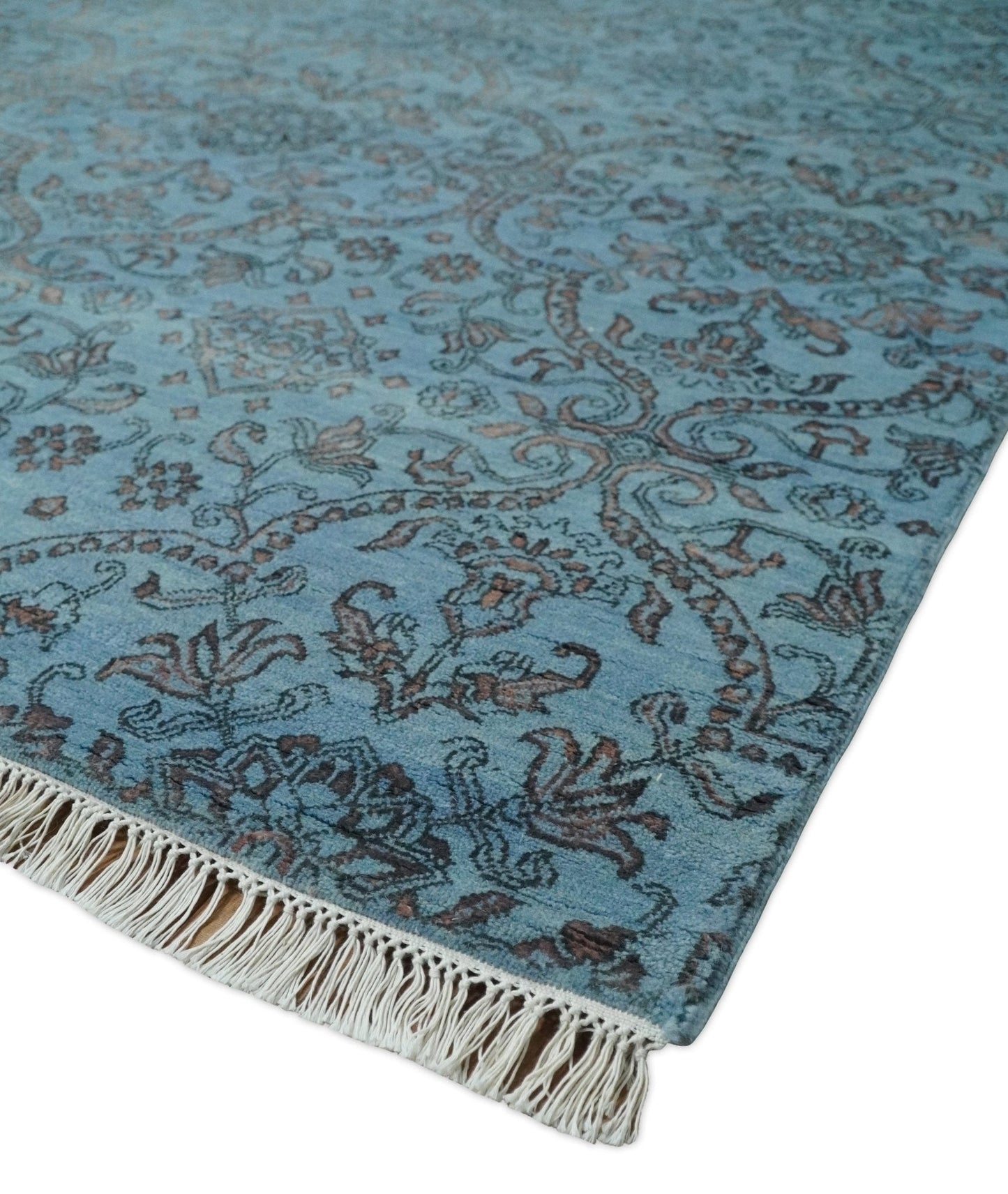 9x12 Fine Hand Knotted Blue and Brown Traditional Persian Wool and Silk Area Rug