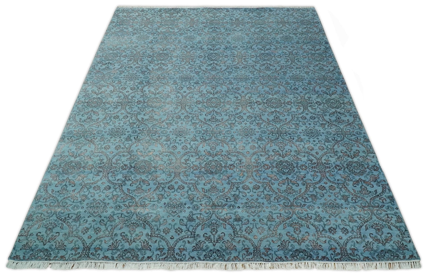 9x12 Fine Hand Knotted Blue and Brown Traditional Persian Wool and Silk Area Rug