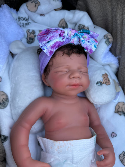 Victoria 19” W/ NEWBORN CURLY HAIR , CUSTOM MADE Full Silicone Tan Skin open mouth