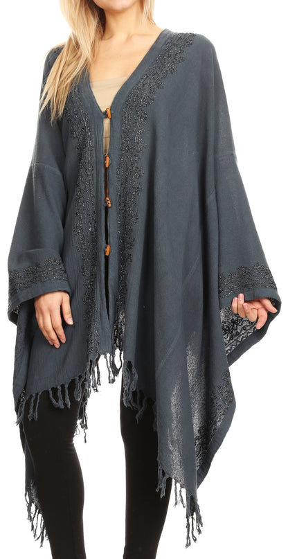 Sakkas Anais Women's Caftan Poncho Top Casual Oversized Solid Comes w/Fringe Boho