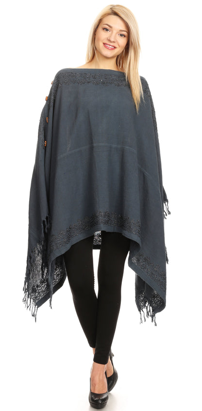 Sakkas Anais Women's Caftan Poncho Top Casual Oversized Solid Comes w/Fringe Boho