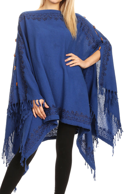 Sakkas Anais Women's Caftan Poncho Top Casual Oversized Solid Comes w/Fringe Boho
