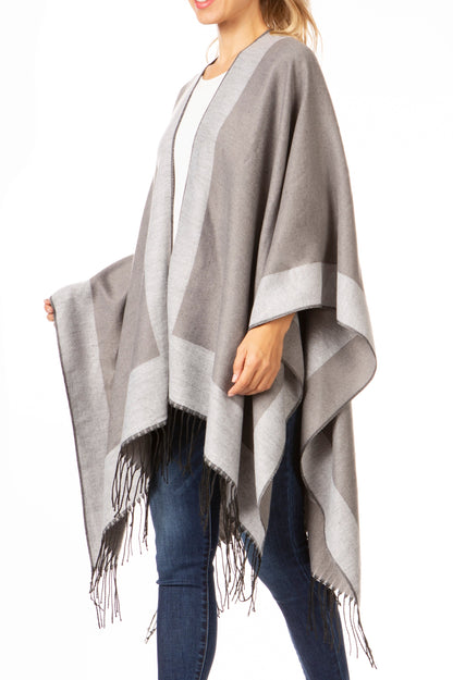 Sakkas Avi Women's Reversible Open Front Poncho Cardigan Ruana Cape Shawl W/Fringe