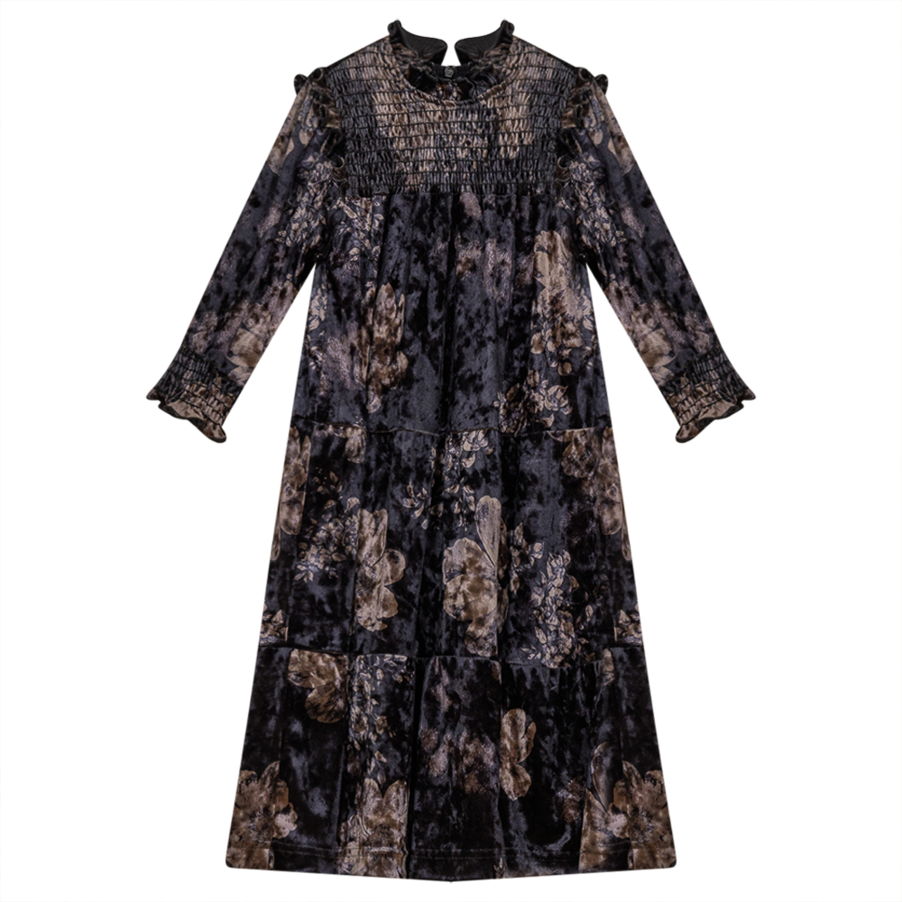 Velvet Tiered Dress With Floral Print