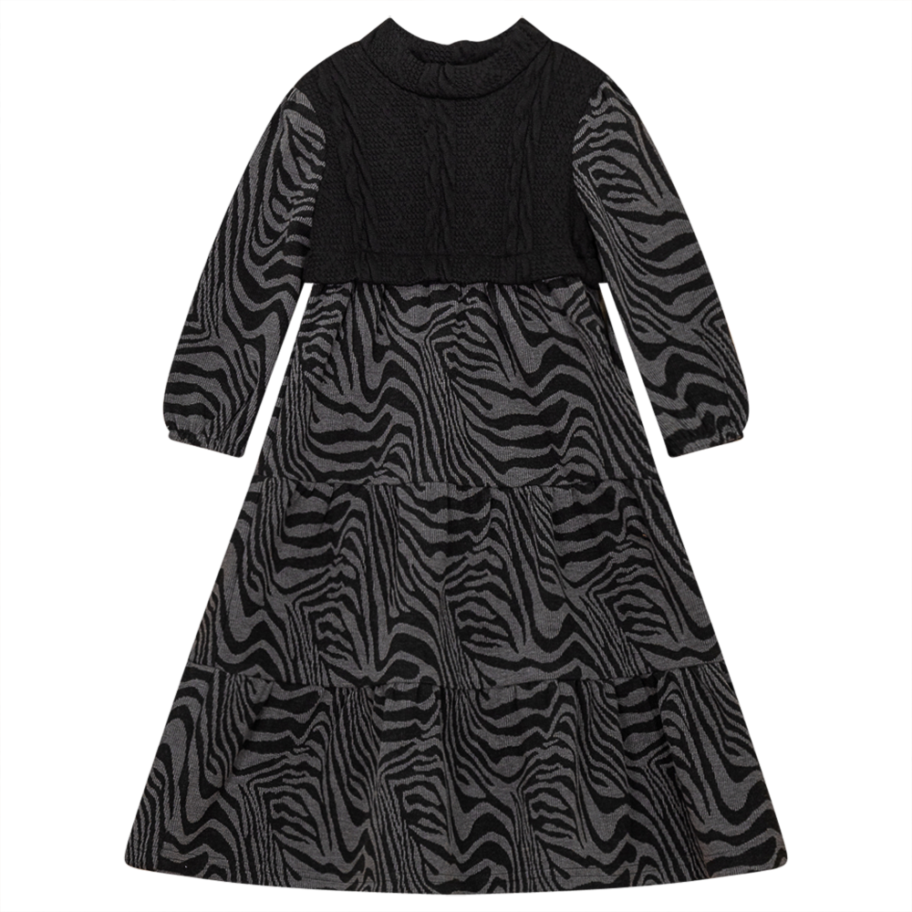 Abstract Print Tiered Dress With Knit Vest