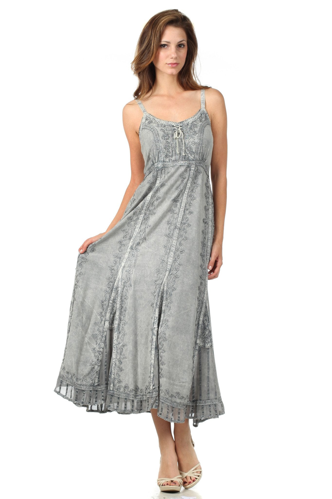 Sakkas Stonewashed Empire Waist Floral Vine Trumpet Crepe Inlay Ruffle Hem Dress